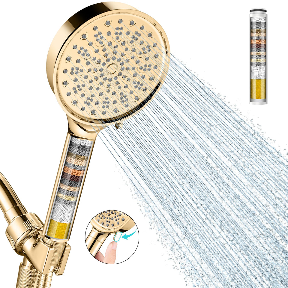Cobbe filtered shower head panel in Egyptian Gold delivering high-pressure spray