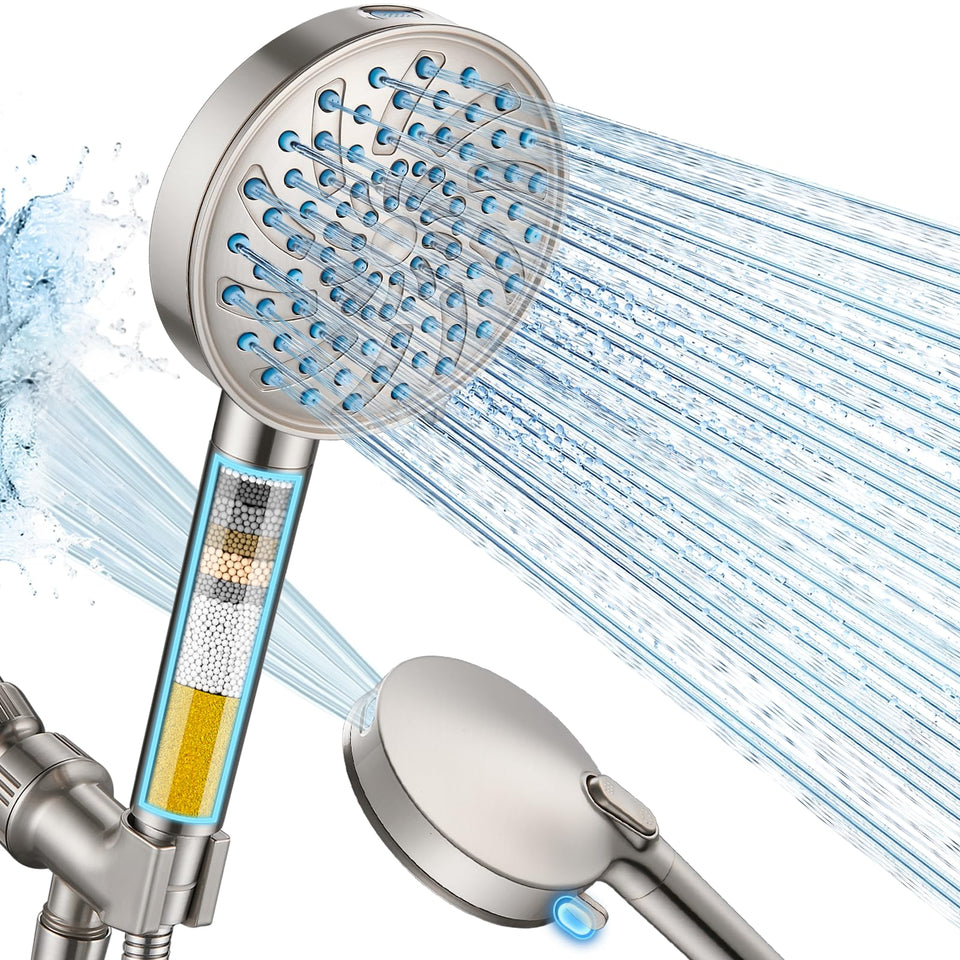 Cobbe filtered shower head handheld in brushed nickel reduces chlorine and softens hair