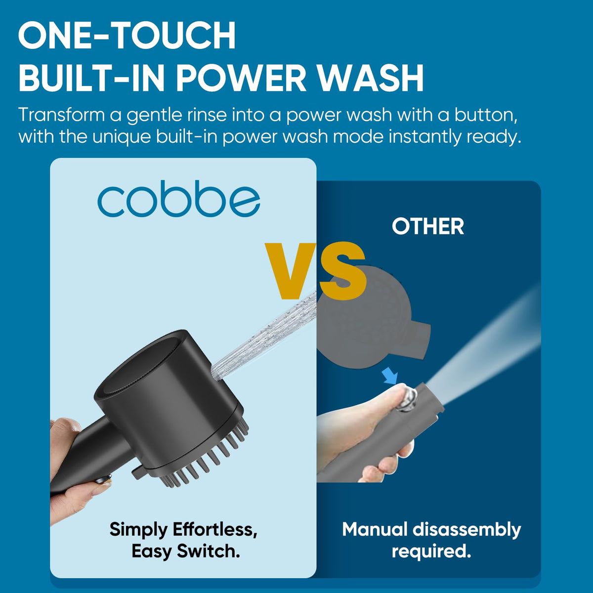 Cobbe Ion Drops filtered shower head showing 4-1 spray modes for versatile use.