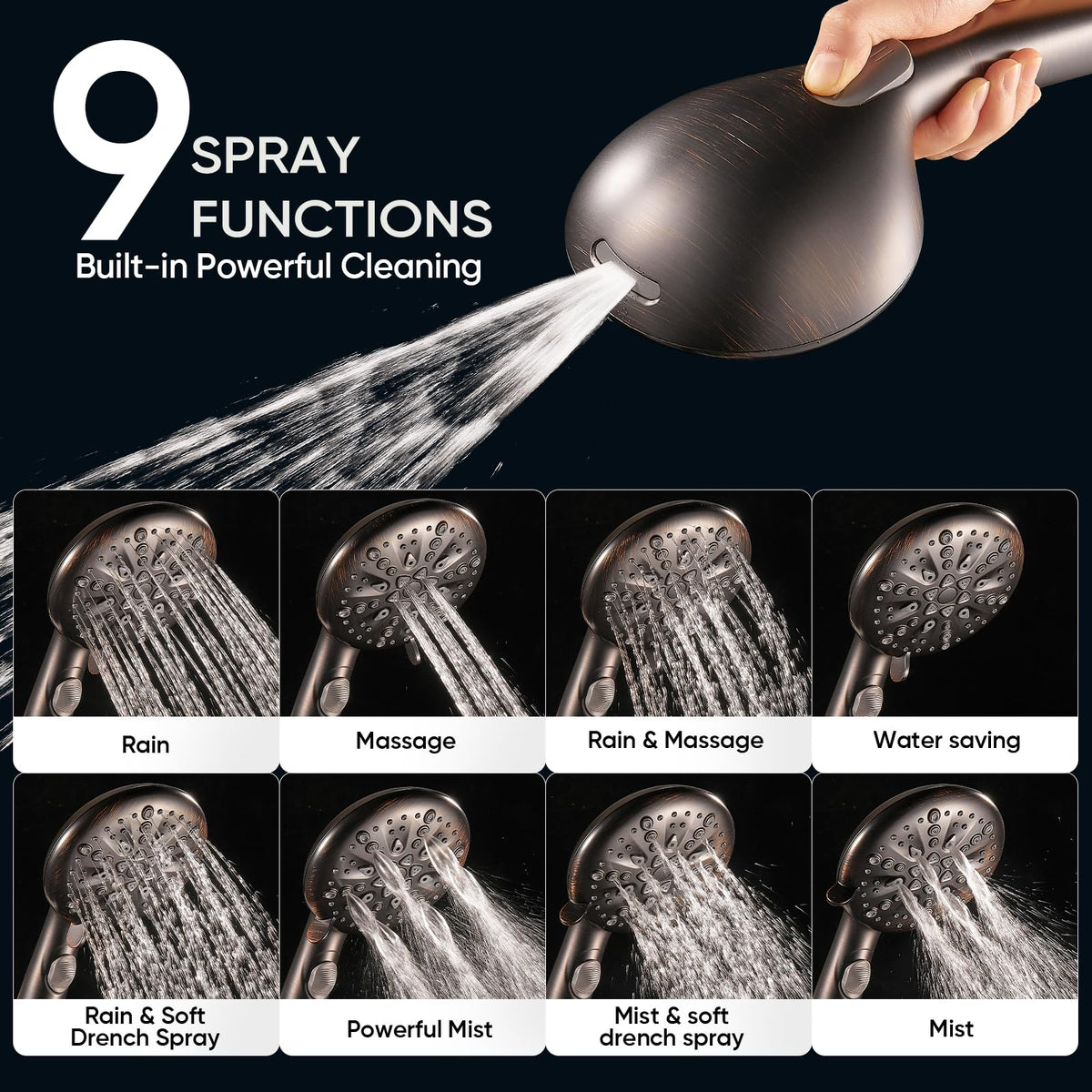 Cobbe nine-function dial offers flexible spray options for personalized showers.