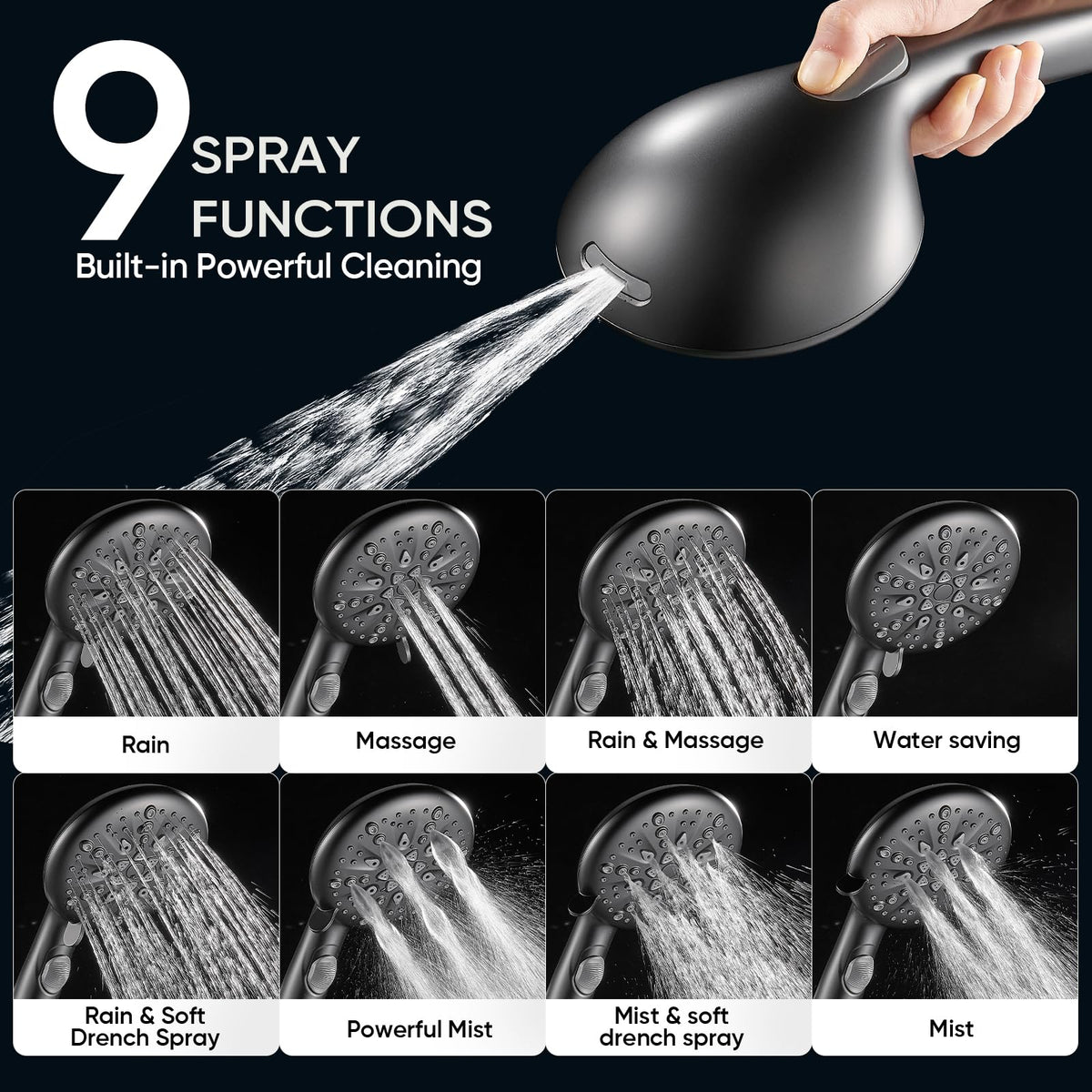 Cobbe shower head with one-click pause for easy water control