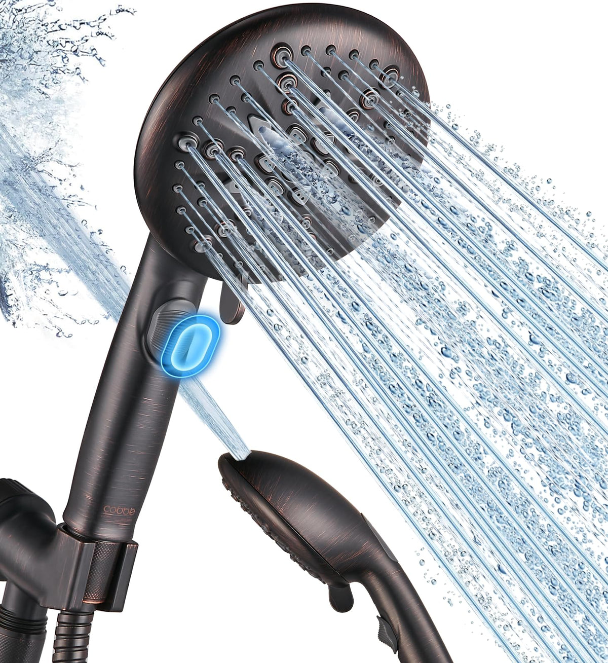 Cobbe high pressure shower head with pause button in oil-rubbed bronze for efficient lathering and quick rinses.