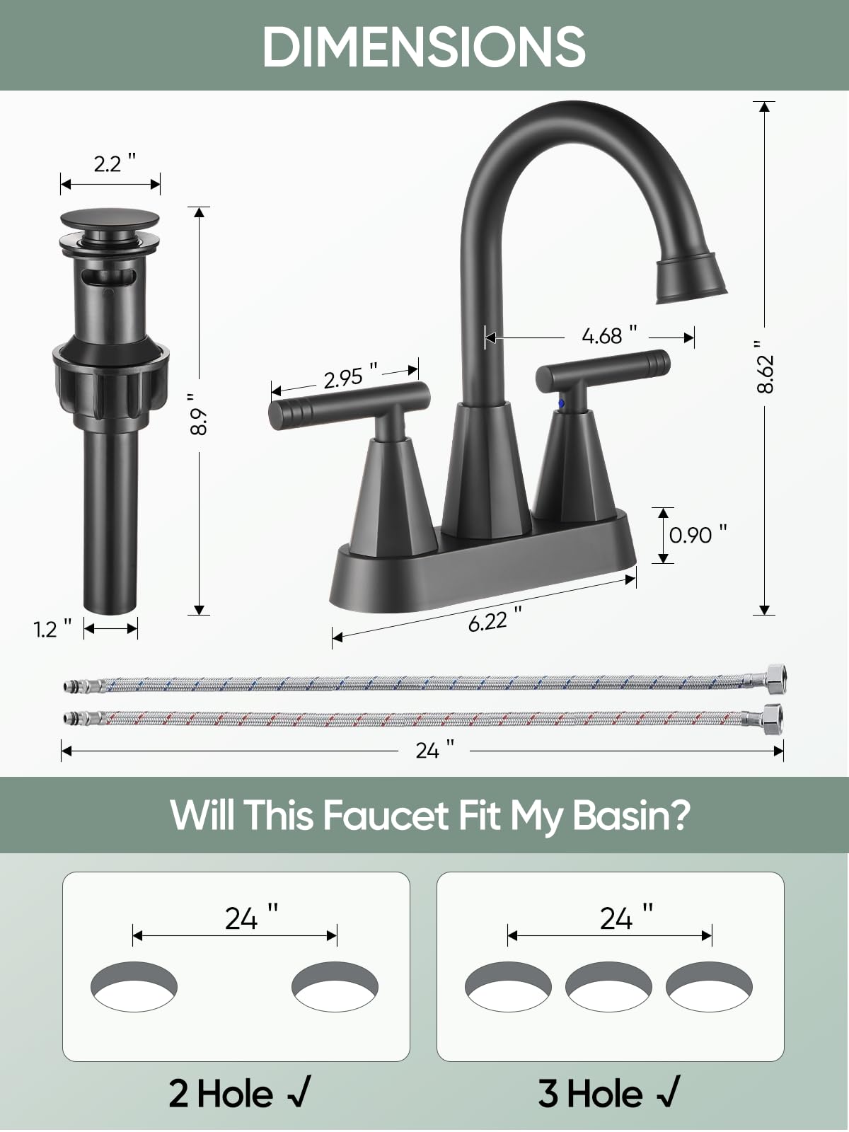 Cobbe sink faucet compatible with 3-hole and 2-hole configurations