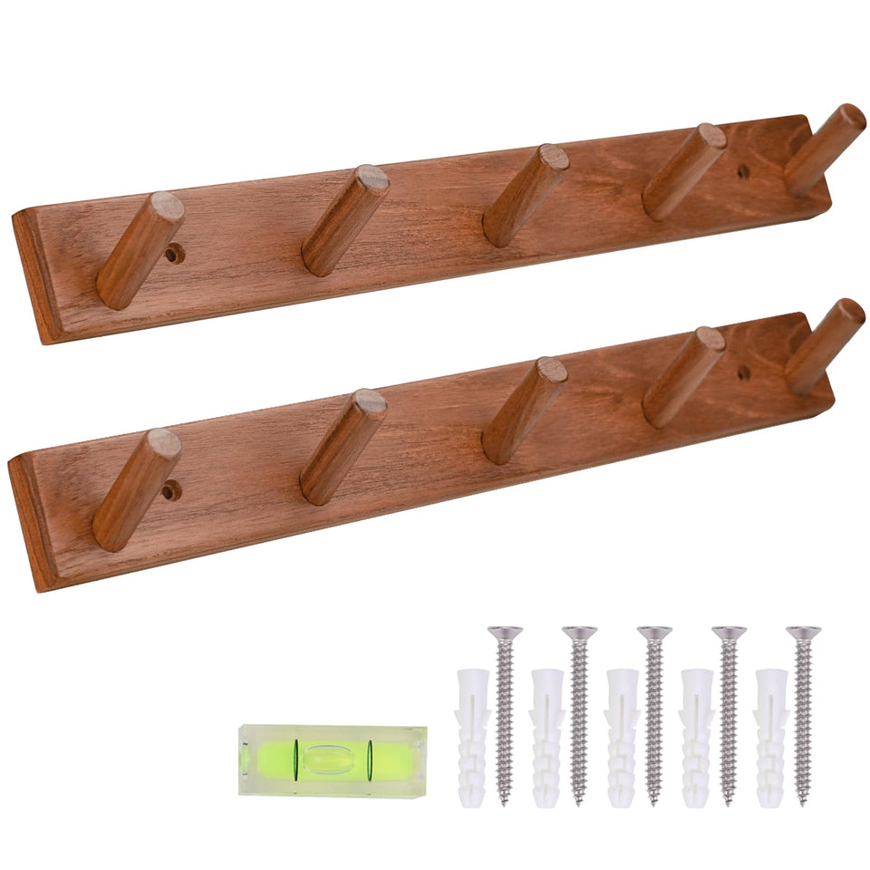 Cobnap teak wall-mounted coat rack set 2 front view with five sturdy hooks