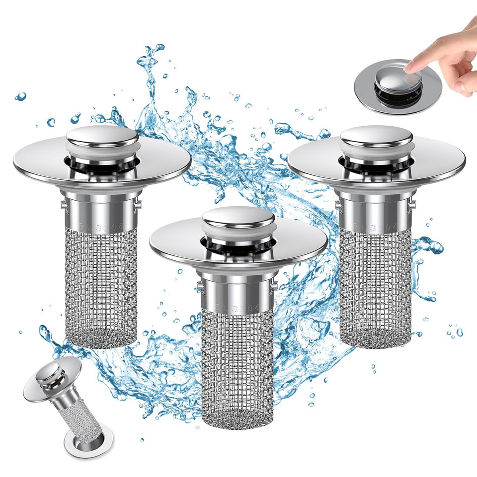 Cocog bathroom sink drain strainer with pop-up design catches hair to prevent clogs.