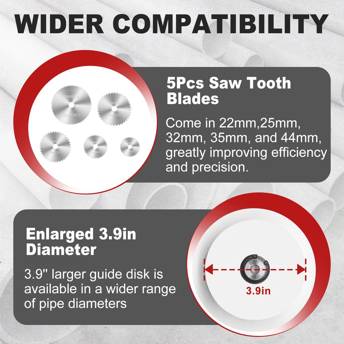 Cocowin pipe cutter blades set showing five blade options for PVC and soft metal