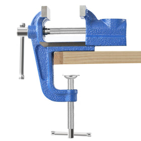 COGNATIVE Mini Table Vise blue body shows compact, sturdy cast iron build for precise small-work tasks.