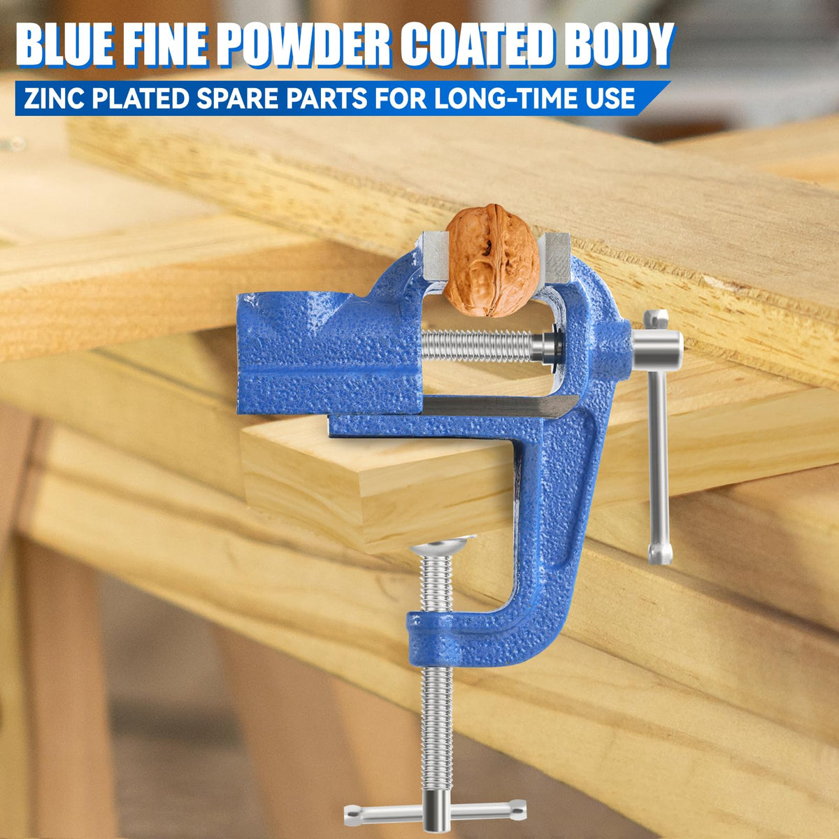 COGNATIVE Mini Table Vise blue jaw enables secure handling of tiny components.