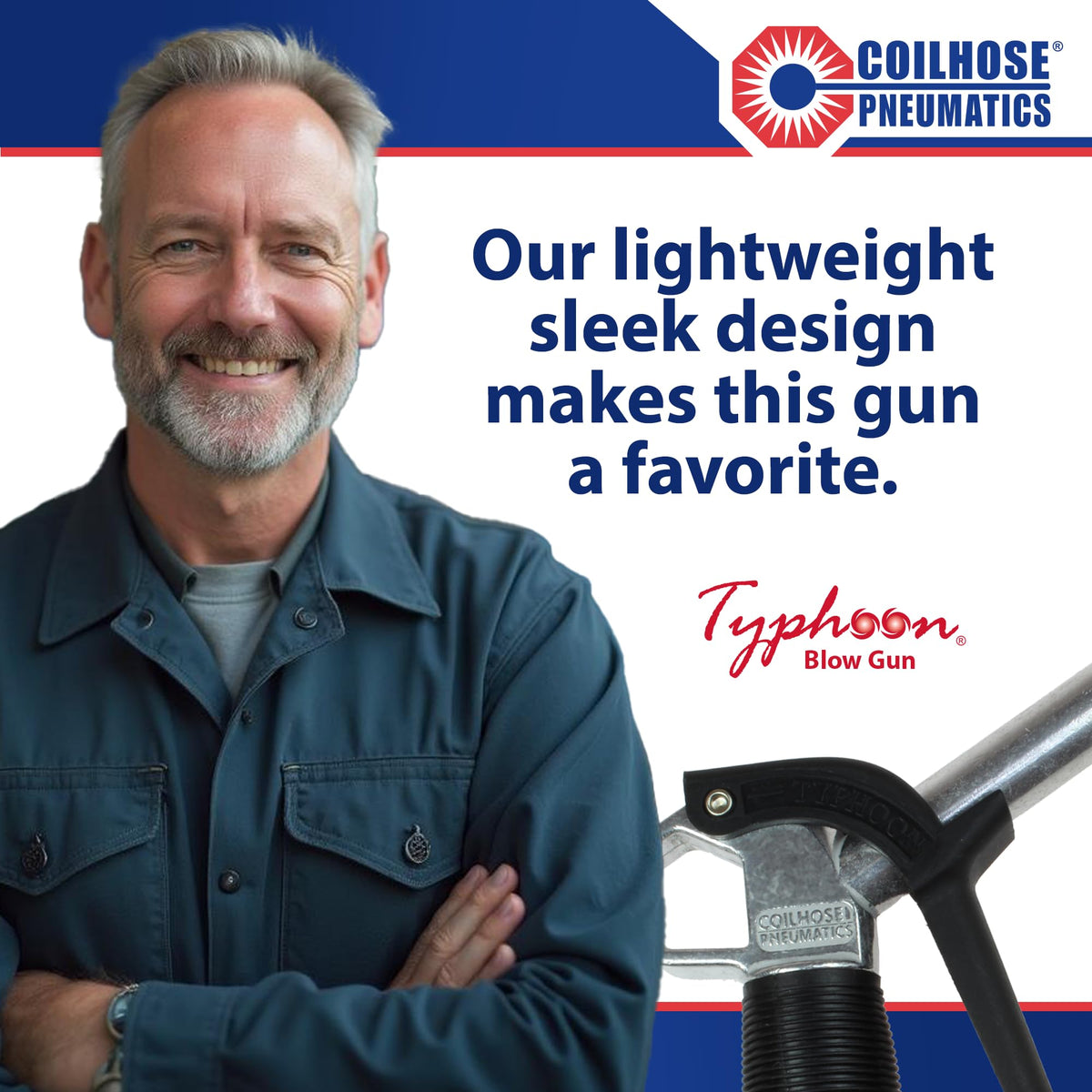Coilhose Typhoon operates at 125 psi delivering strong cleaning thrust.