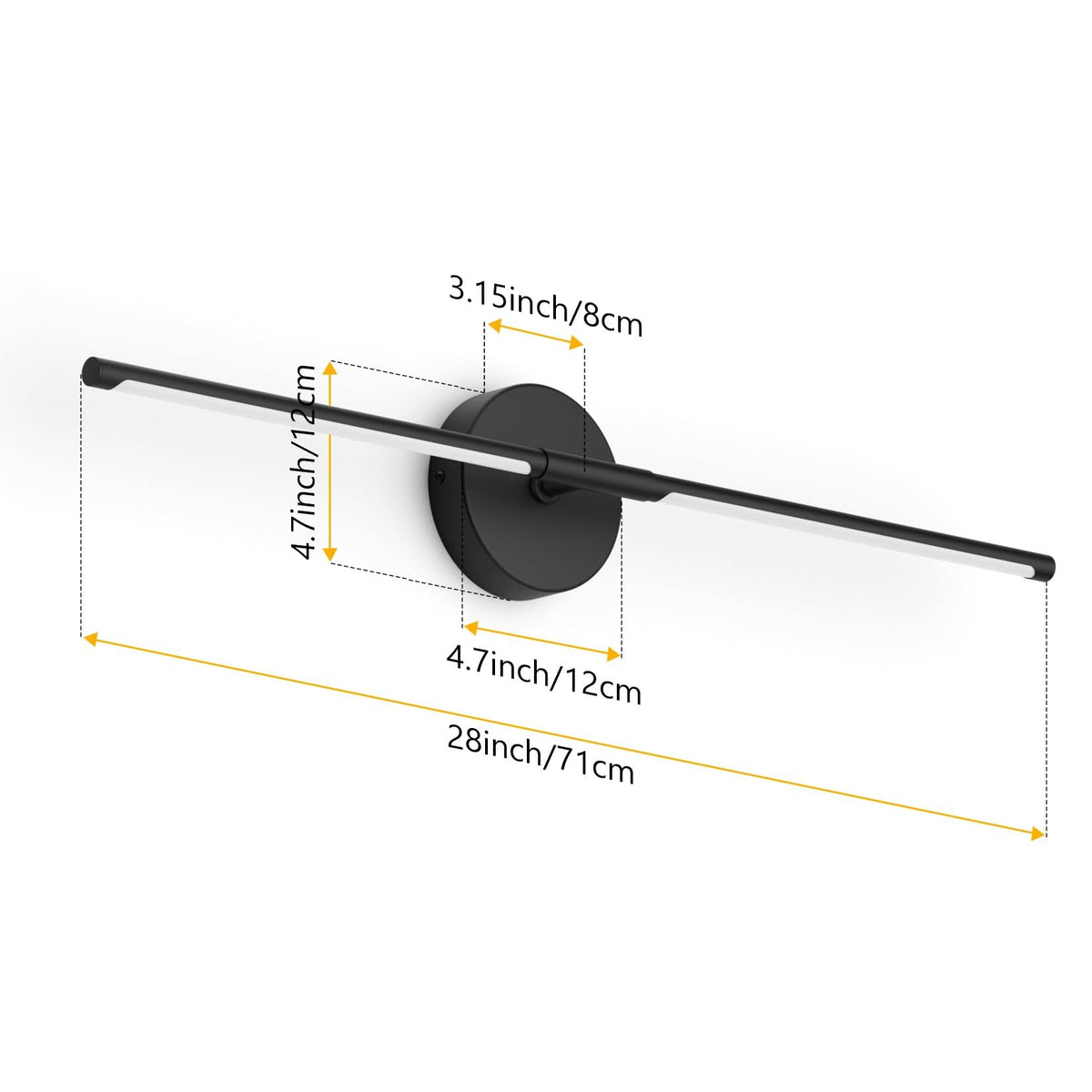 Coinmit 28in black wall sconce dimensions illustration showing mounting footprint.