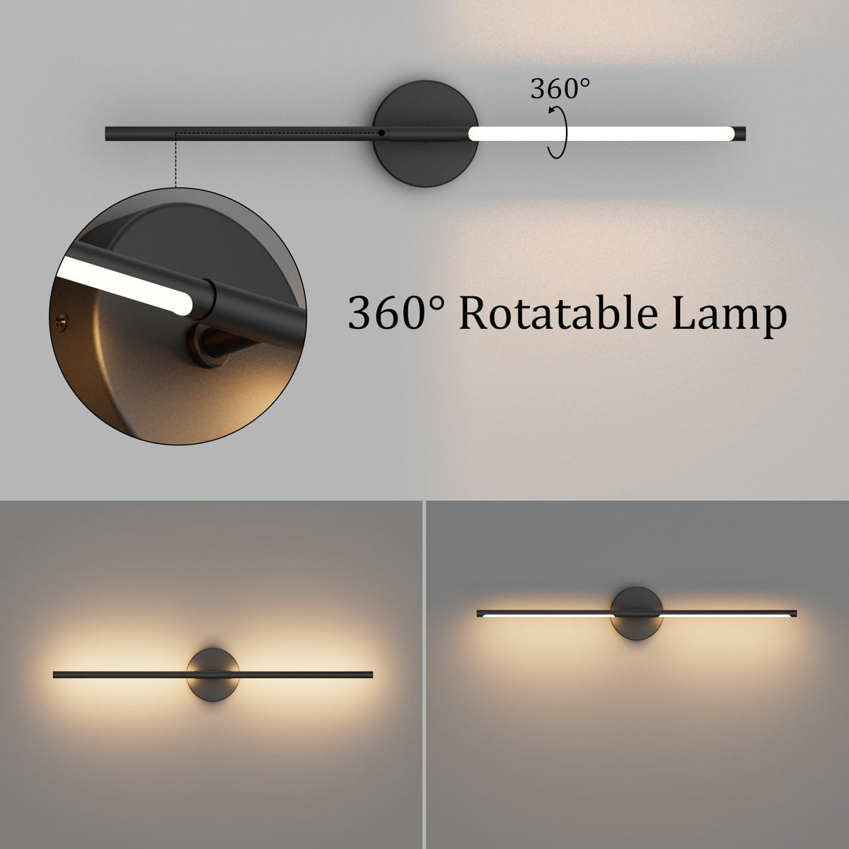 Coinmit 28in black wall sconce 360-degree rotation for flexible lighting.