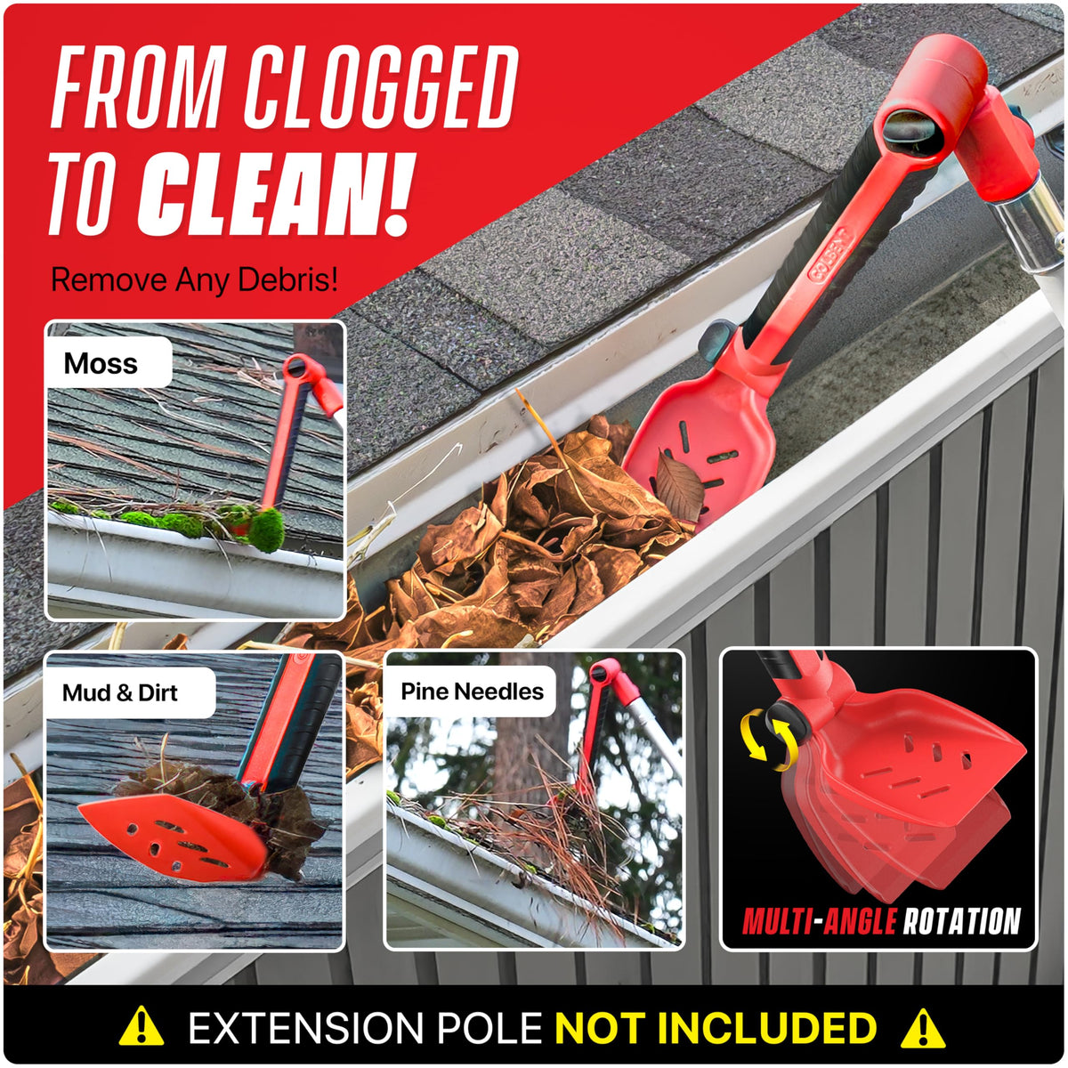 Colbent gutter scoop head enables quick debris removal from gutters.