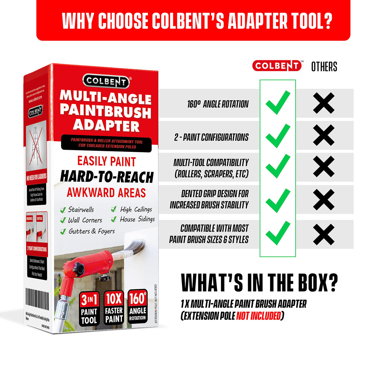 Colbent pole extension attachment increases reach without ladders