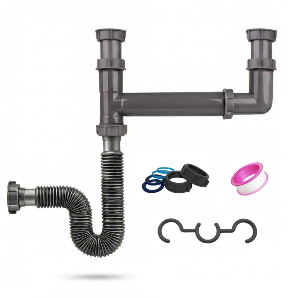 COLDDD Double Bowl Drain Kit with end outlet on a standard 1-1/2 inch sink fitting.