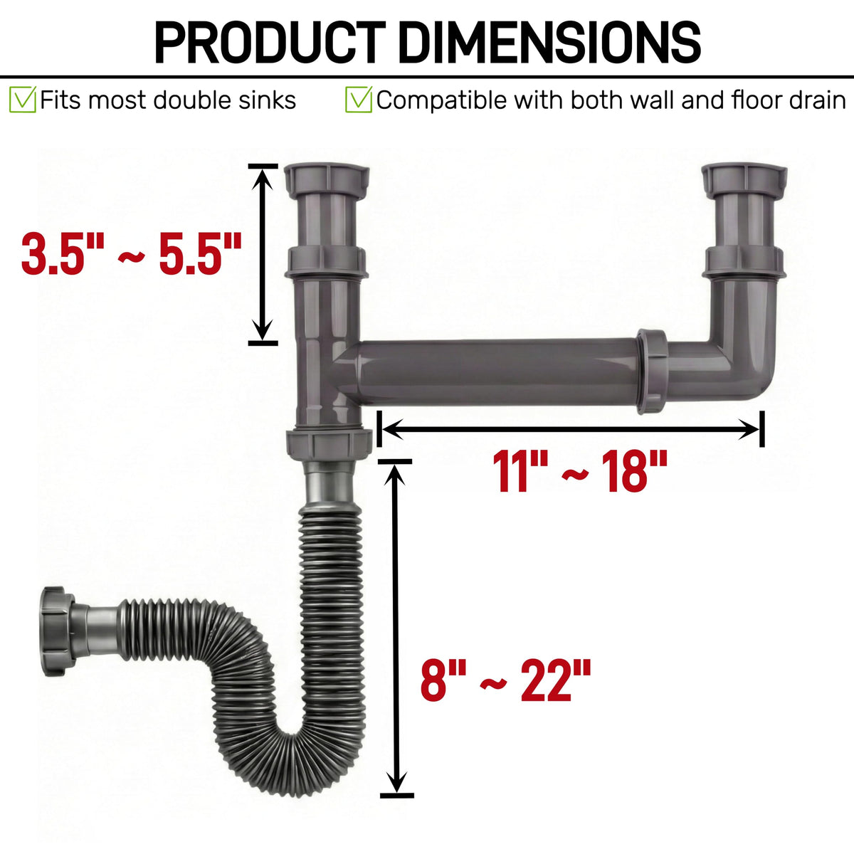 COLDDD flexible P-trap hose demonstrating ease of alignment in tight cabinets.