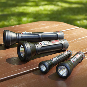 Coleman Battery Guard 250m LED Flashlight durable rubber-edged bezel protects drops.