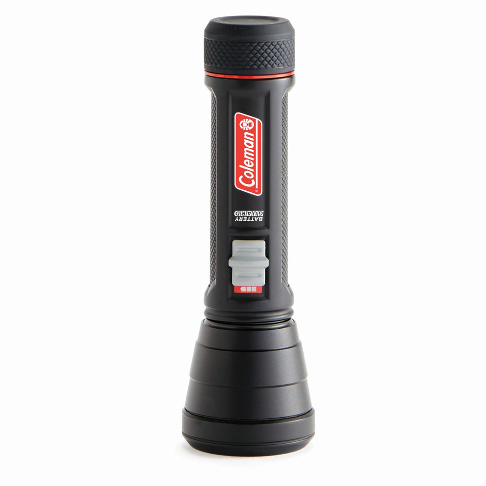 Coleman Battery Guard 250m LED Flashlight front view, rugged outdoors-ready.