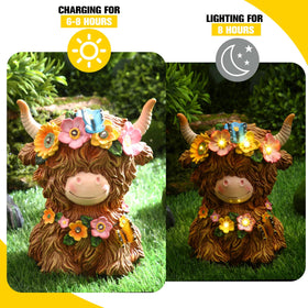 Colingmill Highland Cow solar statue – garden display among flowers