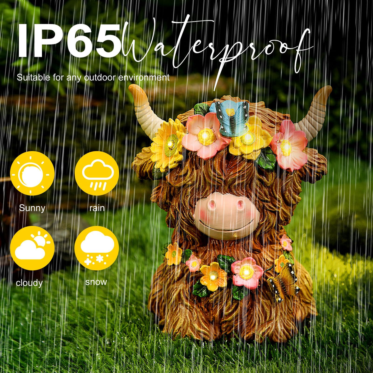Colingmill Highland Cow solar statue – vivid hand-painted details