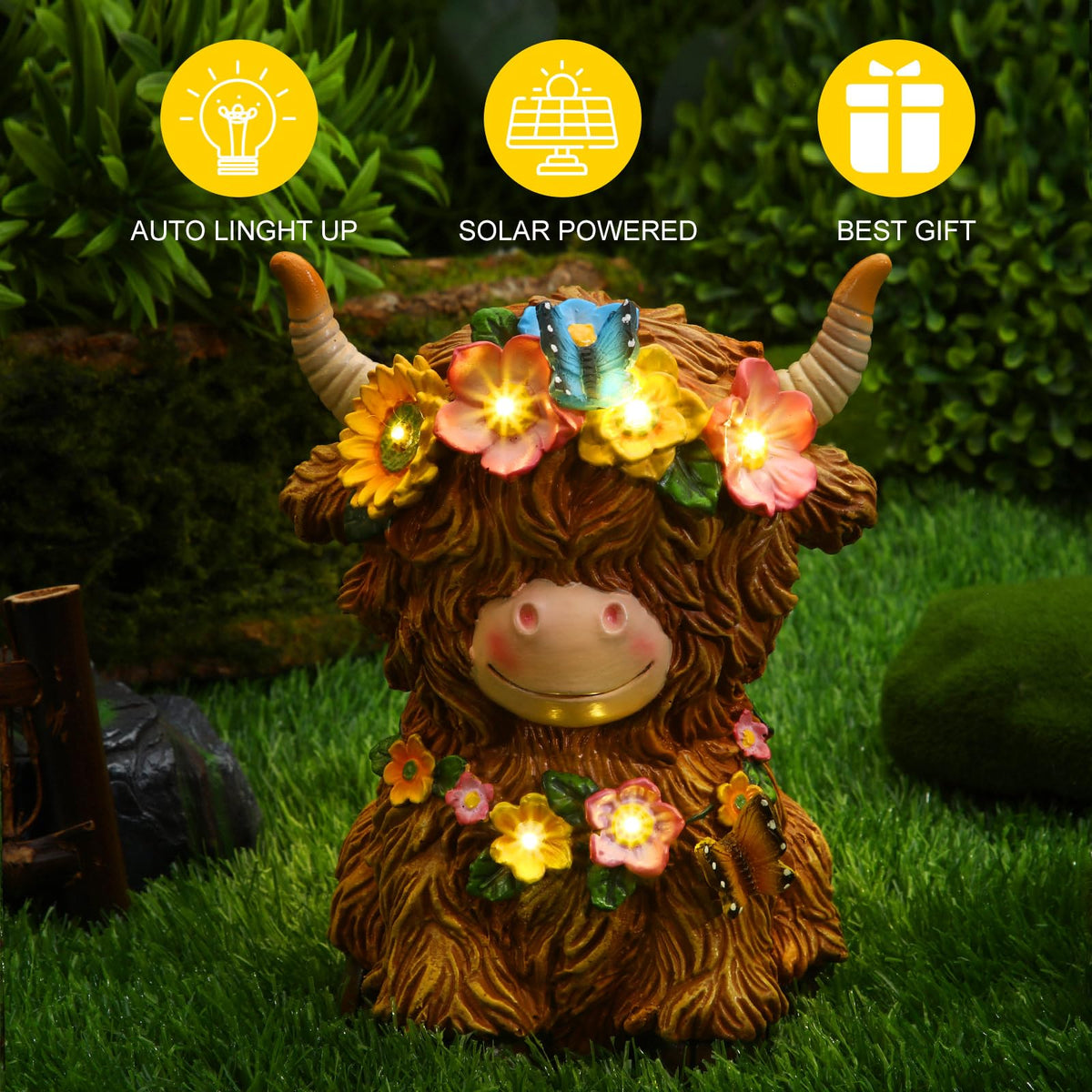 Colingmill Highland Cow solar statue – lit at night for cozy ambience
