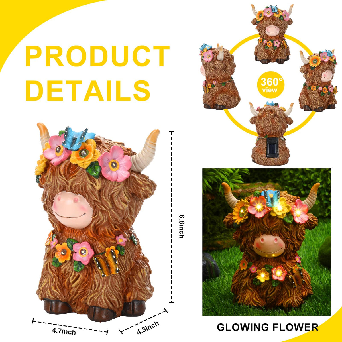 Colingmill Highland Cow solar statue – side view, weatherproof yard ornament