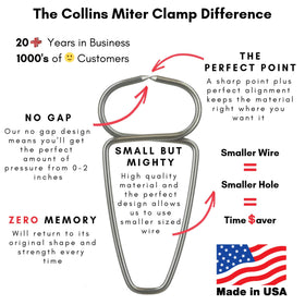 Collins Tool miter clamps show adjustable 0–2 inch range.