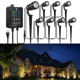 COLOER 8-pack spotlights illuminate pathways and landscaping with a warm, inviting glow.