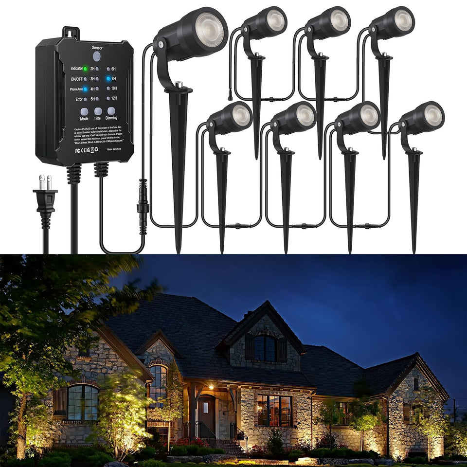 COLOER 8-pack spotlights illuminate pathways and landscaping with a warm, inviting glow.