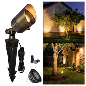 COLOER brass outdoor spotlight front view highlighting entryway and walkway