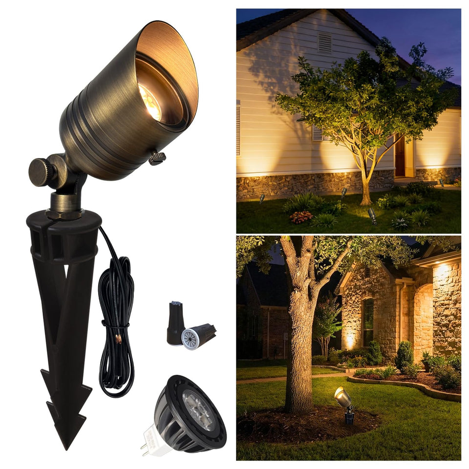 COLOER brass outdoor spotlight front view highlighting entryway and walkway