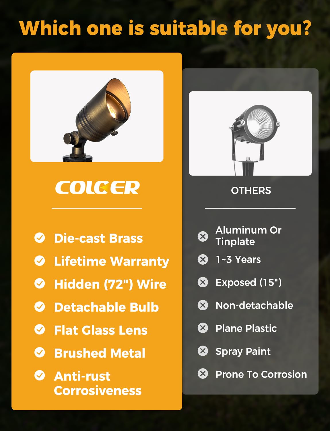 COLOER brass outdoor spotlight IP65 weatherproof against rain and spray