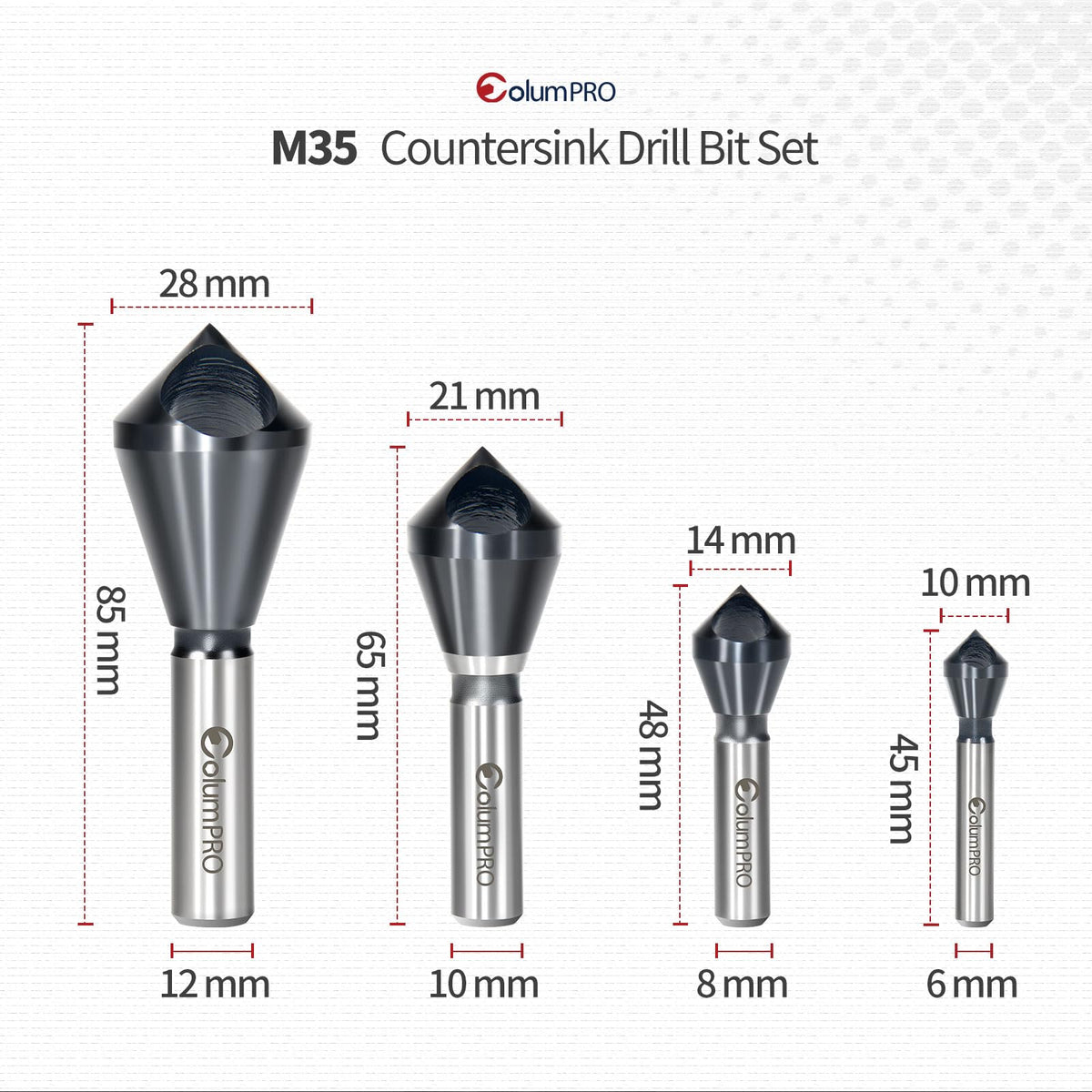 ColumPRO cobalt countersink 2-5mm close-up showing precision chamfering for clean holes.