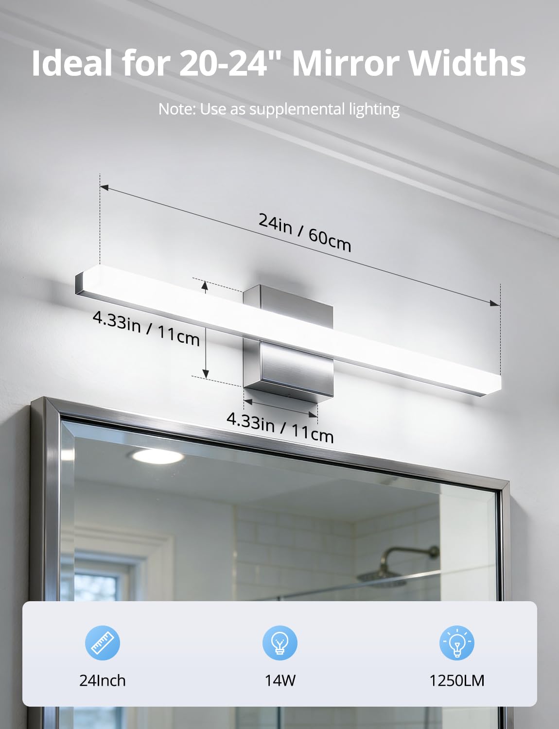 Edge-to-edge 24-inch Combuh vanity light profile in a bathroom.