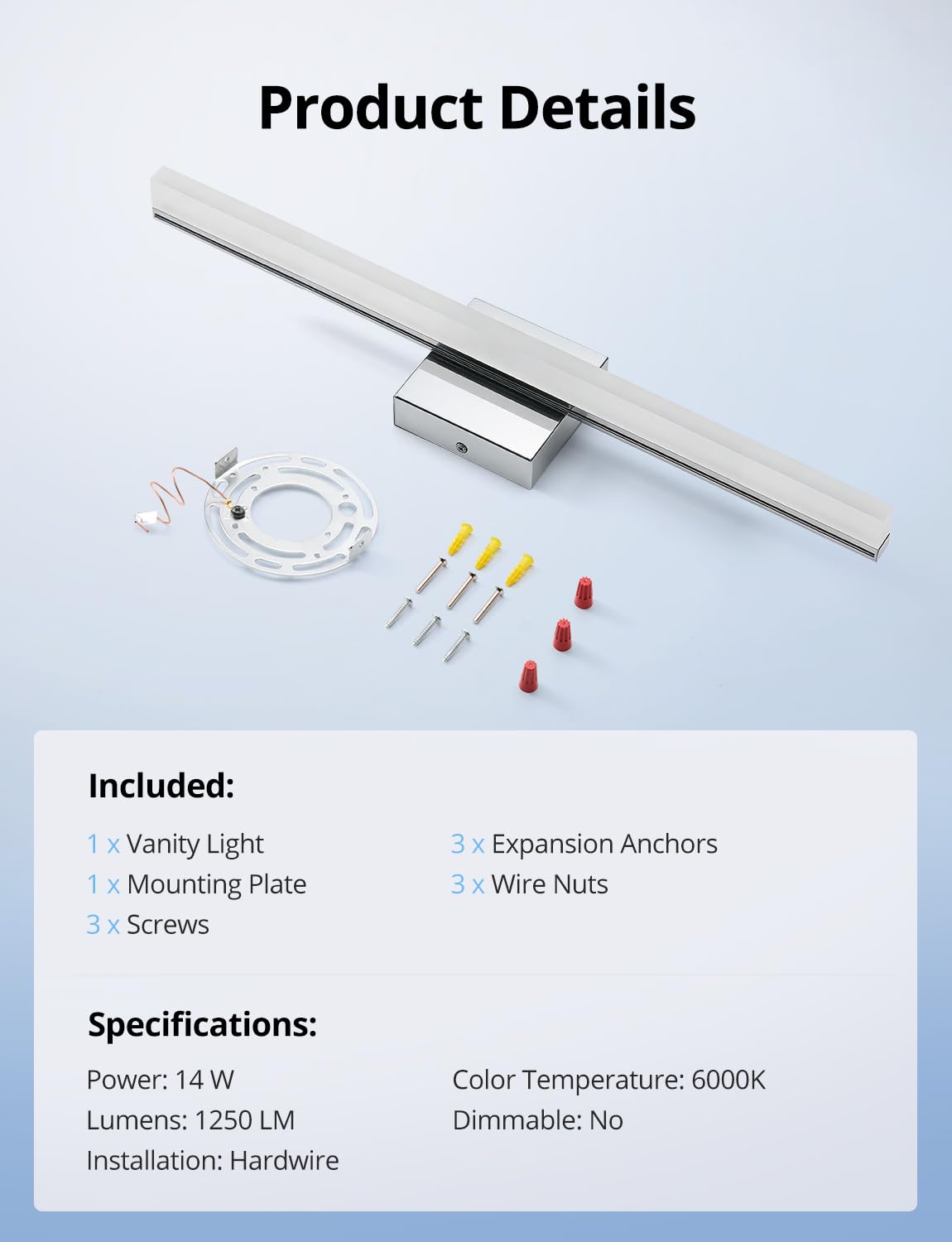 Bright cool white 6000K illumination from the Combuh vanity light.
