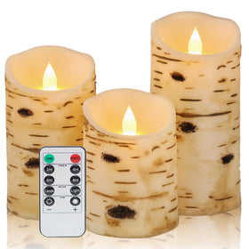 Comenzar birch bark texture candles display rustic charm for cozy evenings.