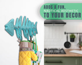 Teal wall decor that blends rustic charm with practical storage.