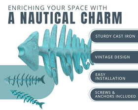 Close-up of the teal Comfify Fish Bones Towel Rack showing durable cast iron finish.