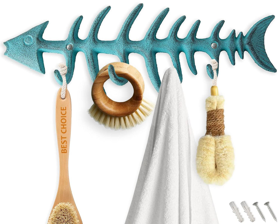 Comfify Fish Bones Towel Rack with teal hooks for stylish kitchen or bath organization.
