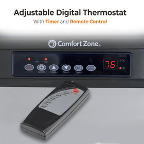 Comfort Zone CZ230ERBK digital thermostat panel for precise temperature control in a workspace.