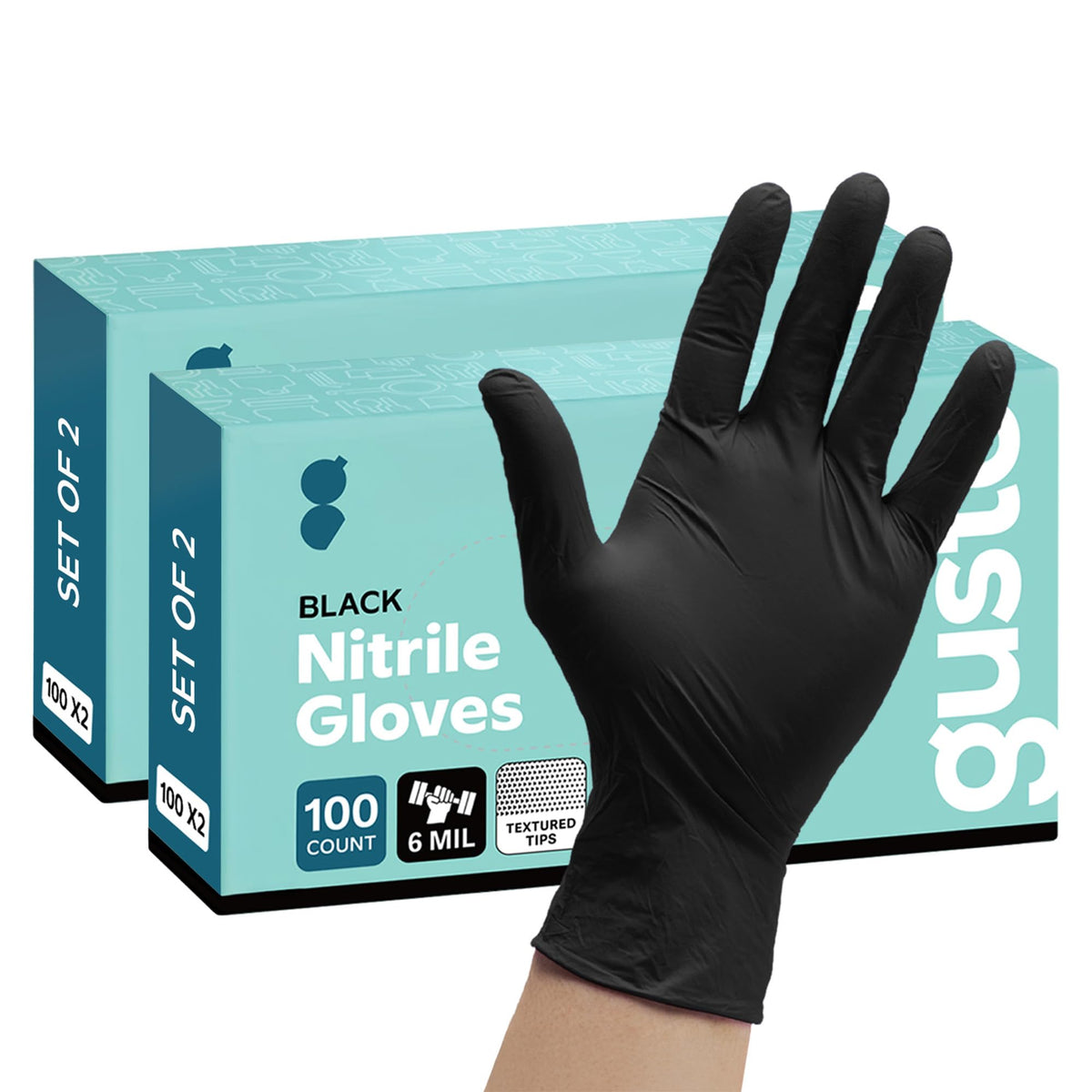 Comfy Package GUSTO black nitrile gloves two-box 200-count packaging for quick restock