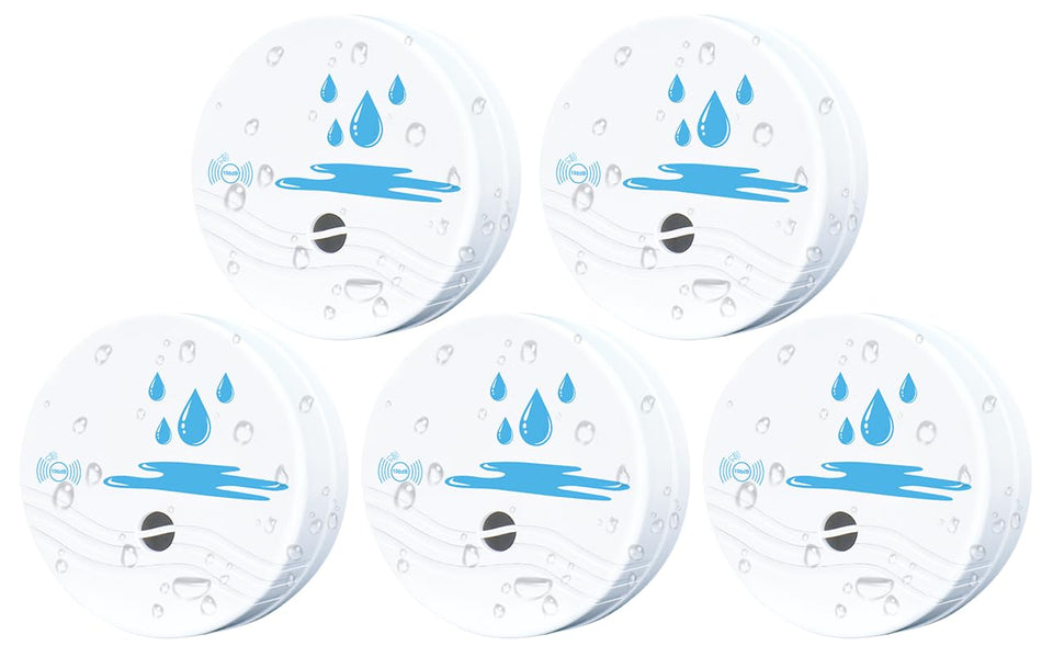 ComfyTune 5-pack leak detectors, front view, ready to guard multiple rooms.