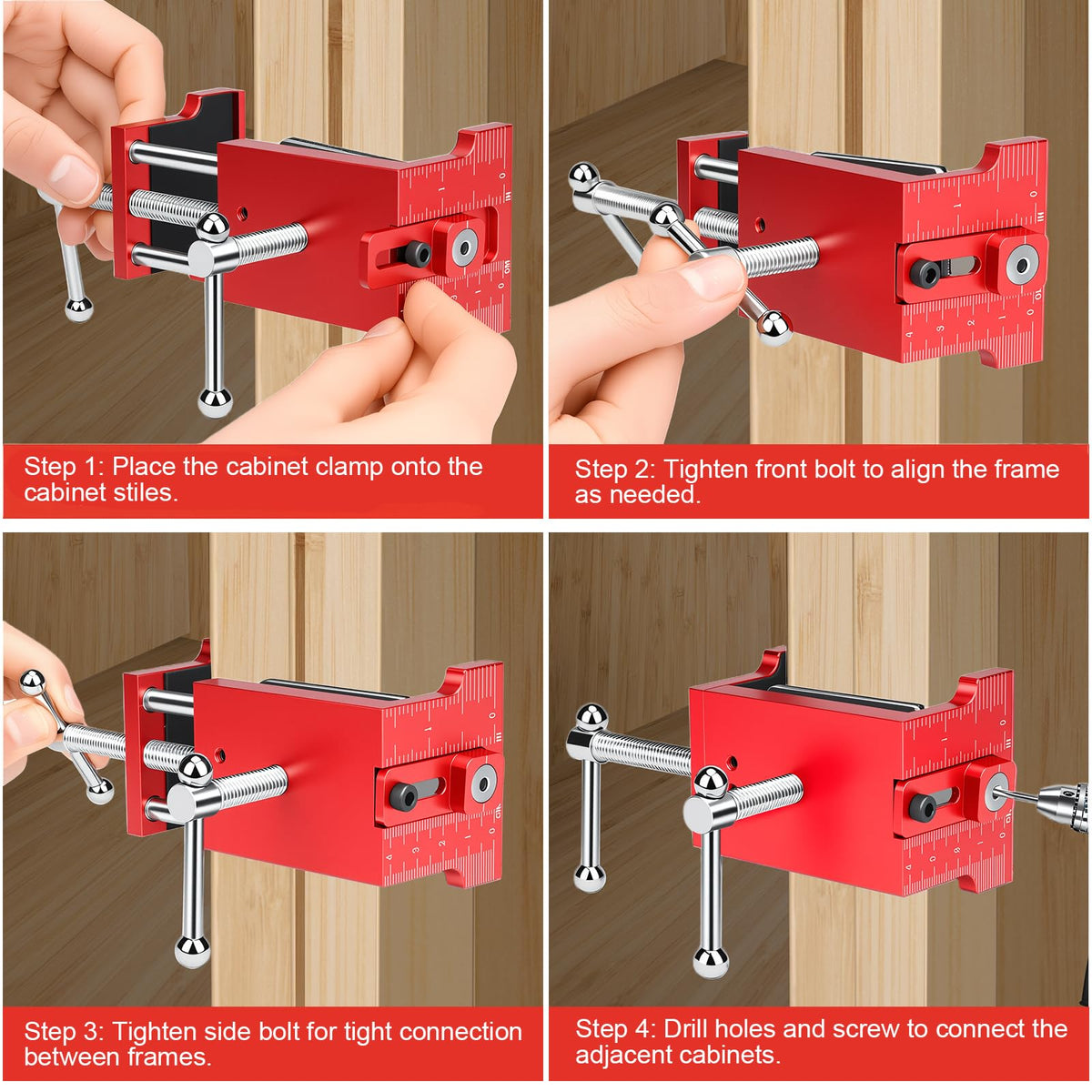 Comfylichi face-frame clamps setup highlights effortless alignment for flush cabinet doors.