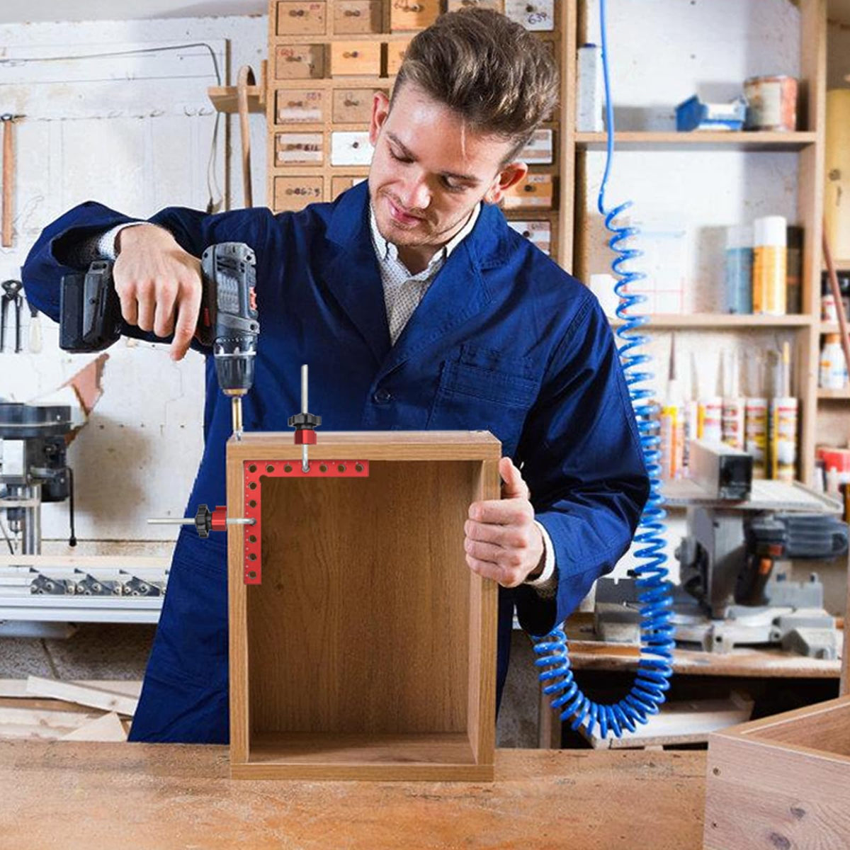 Comfylichi woodworking clamp used for cabinet and drawer assembly.