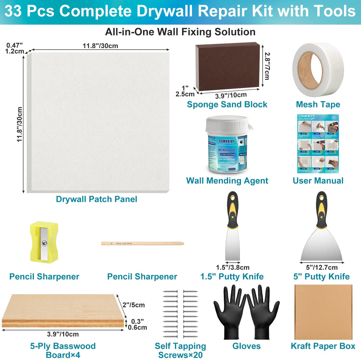 Comkrivy patch kit contents arranged for a full home repair