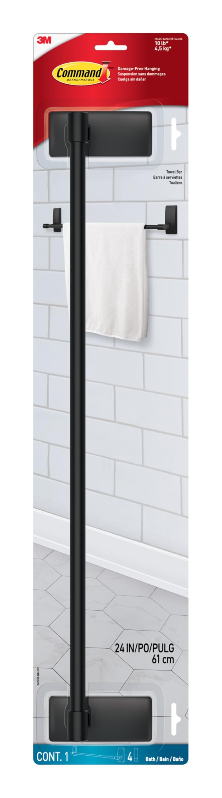 Command Bath Towel Bar matte black mounted with secure wall grip