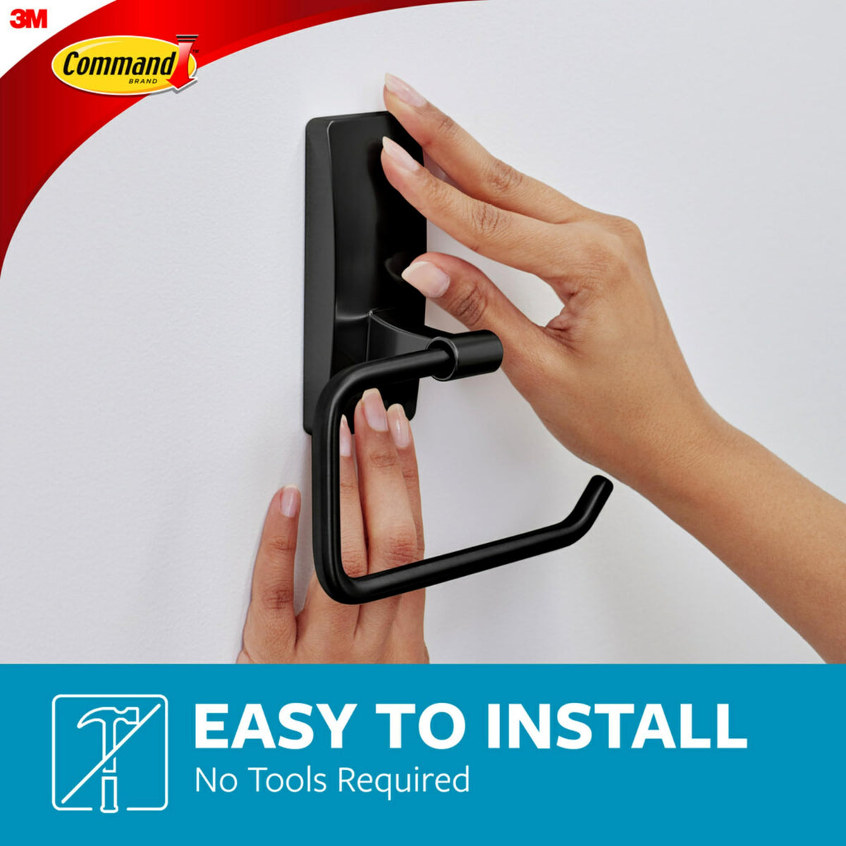 Command bathroom organizer matte black on tile provides organized space.
