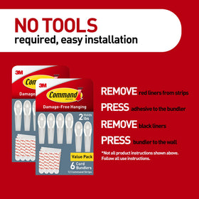Command Cord Bundlers on painted walls and glass surfaces offer versatile cable control.