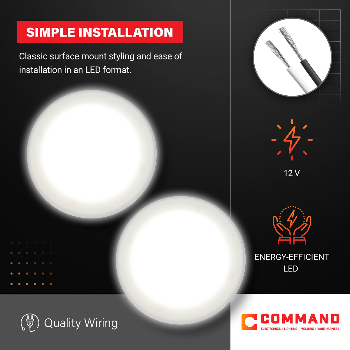 Command Electronics OEM LED RV ceiling light with low-profile design, fits slim interiors.
