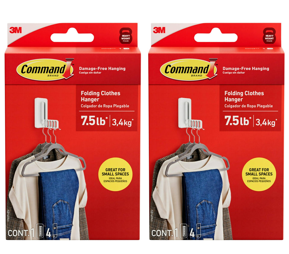 Command folding clothes hanger two-pack with extended arm for space saving.