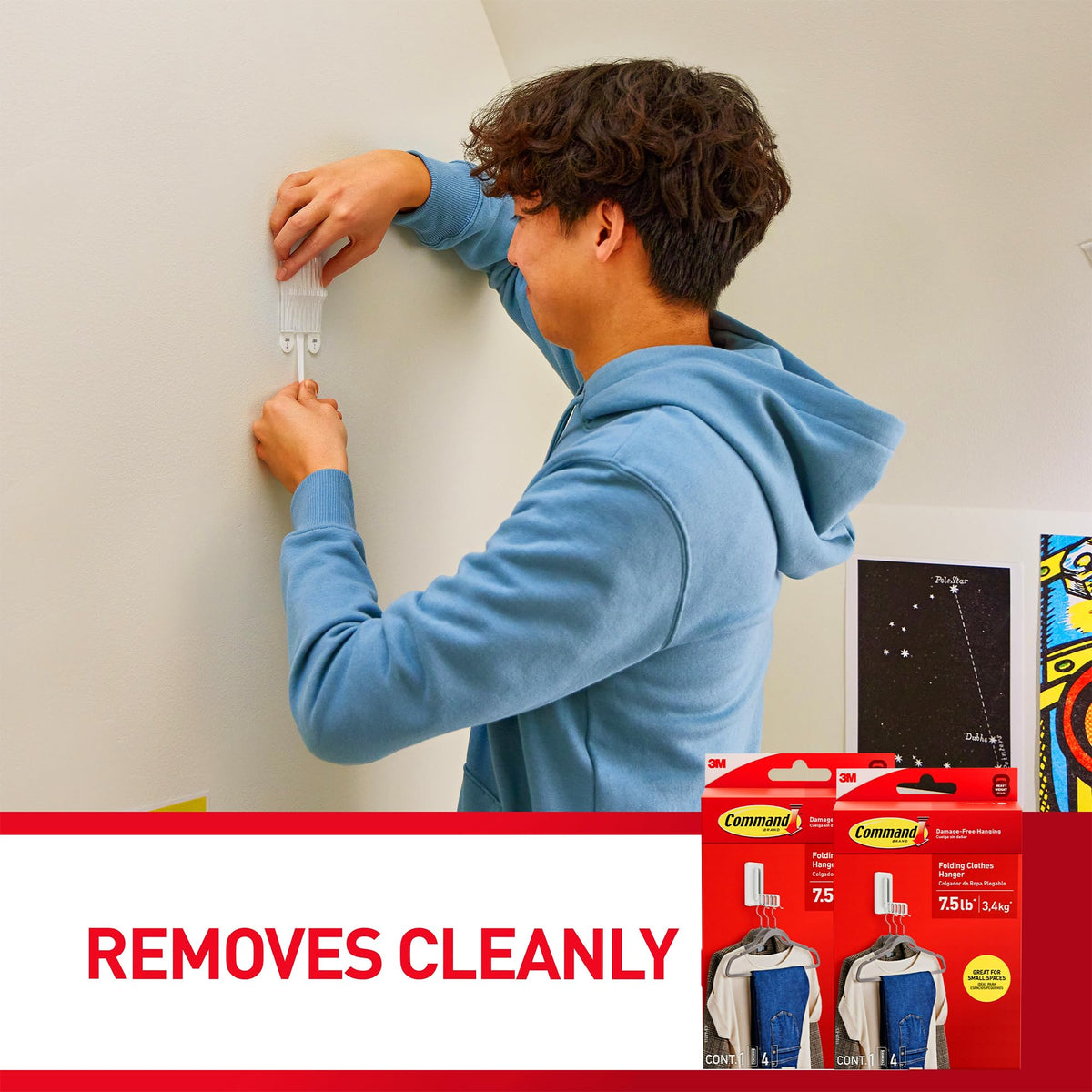 Command folding clothes hanger detaches without holes, allowing reuse.